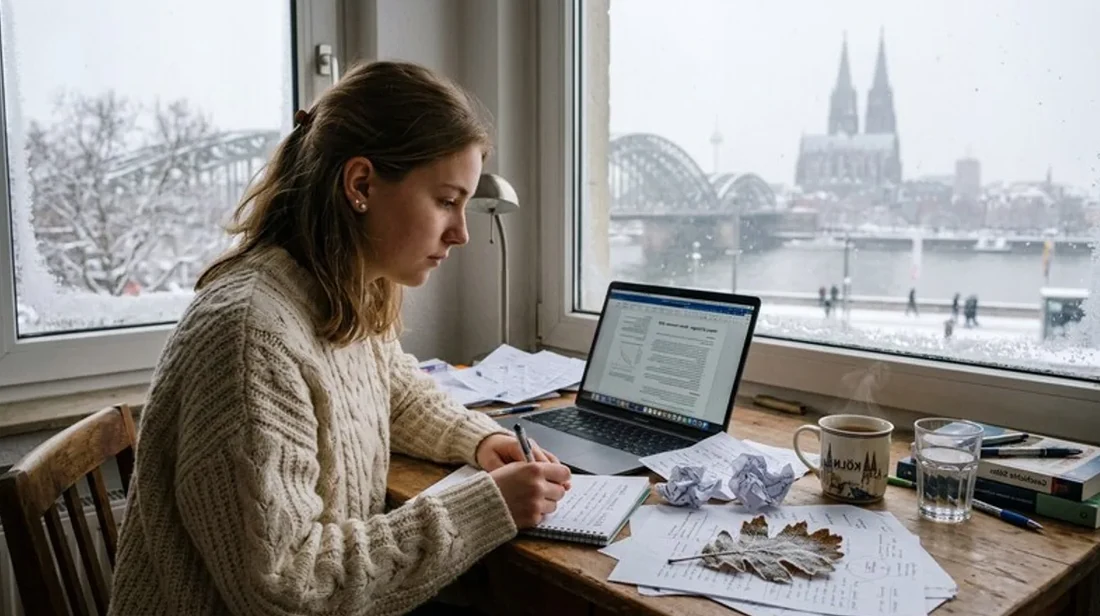 quadratmeter schreibtisch frau laptop blatt notizen daneben