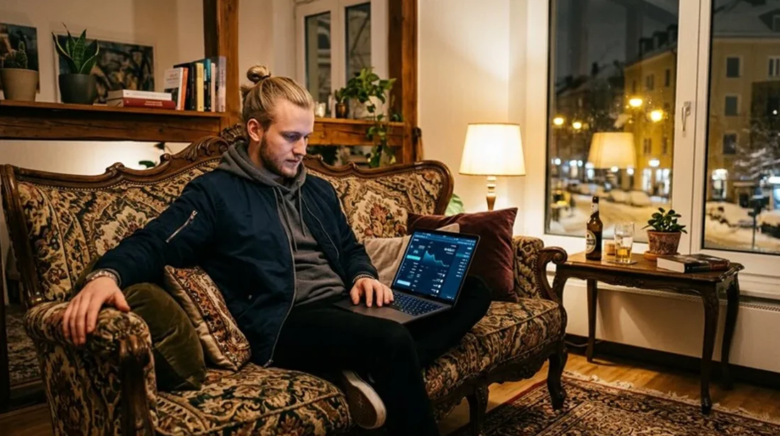 quadratmeter sofa mann laptop finanz app entspannt