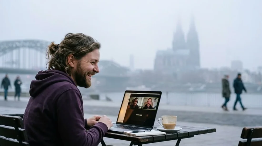 quadratmeter videocall frau lacht bildschirm laptop