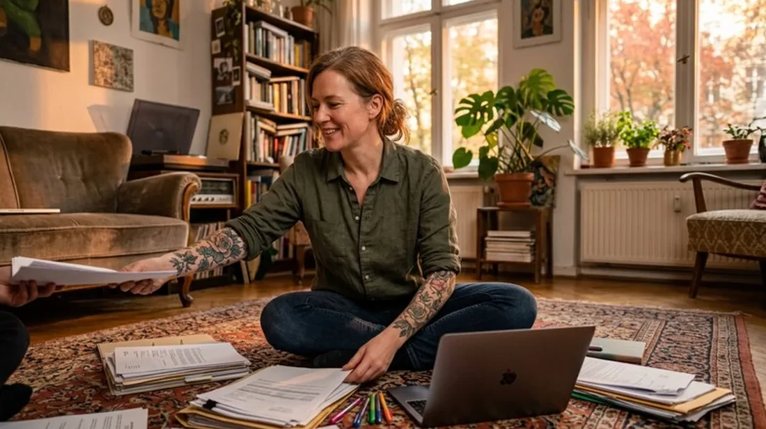 quadratmeter wohnzimmer frau boden laptop unterlagen verteilt