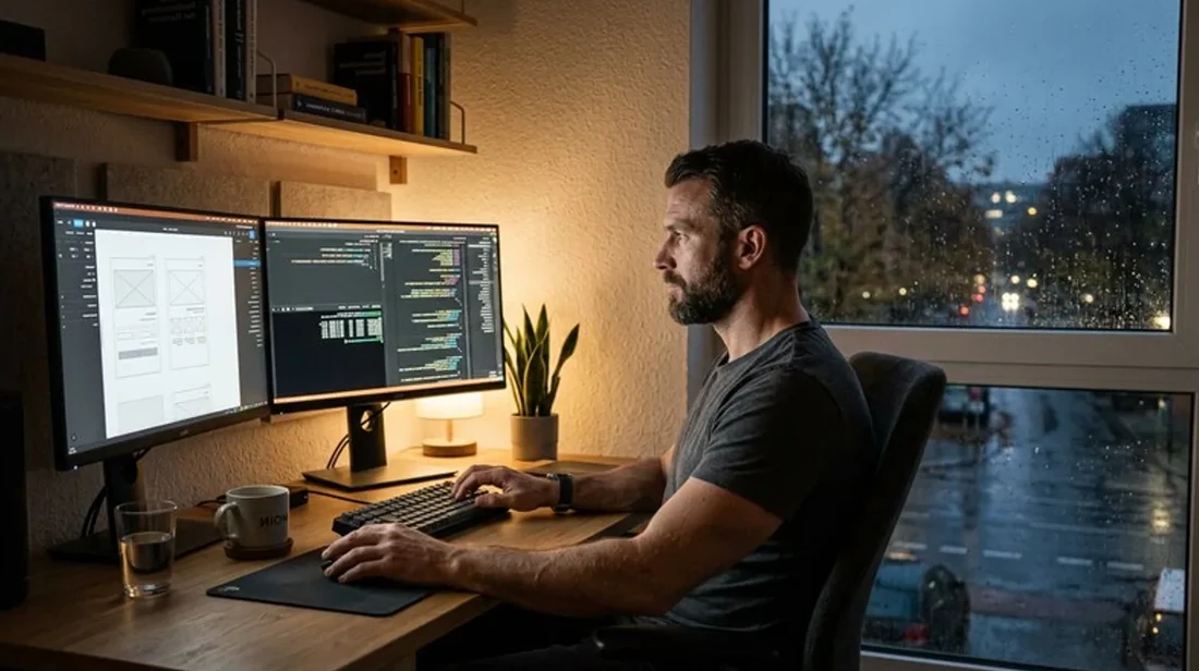 quadratmeter wohnzimmer mann laptop dokument liest schreibtisch